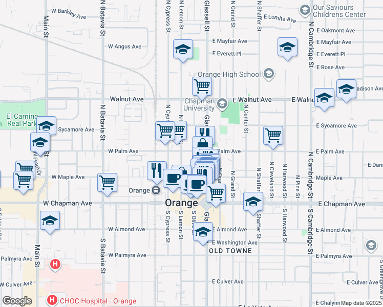 map of restaurants, bars, coffee shops, grocery stores, and more near 266 South Foley Place in Orange