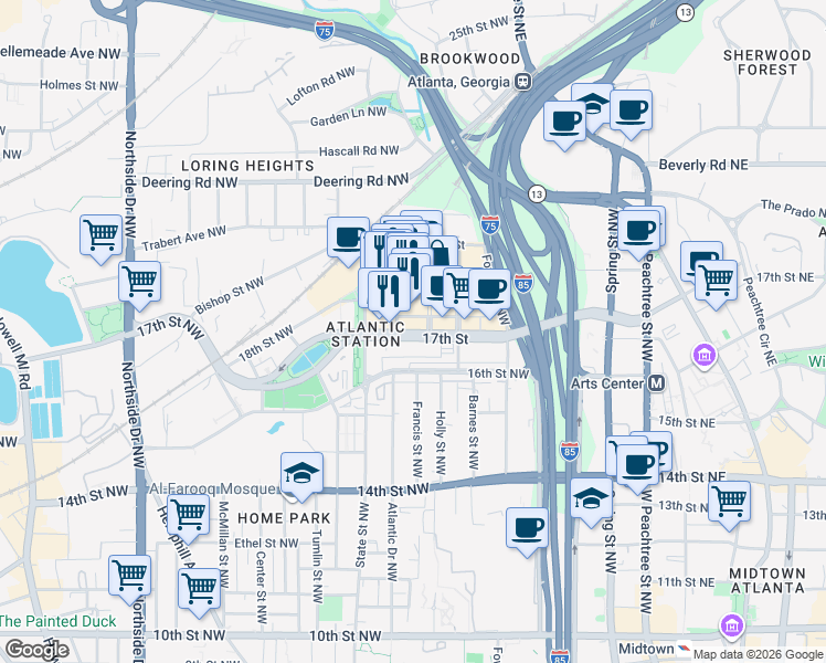 map of restaurants, bars, coffee shops, grocery stores, and more near 260 18th Street Northwest in Atlanta