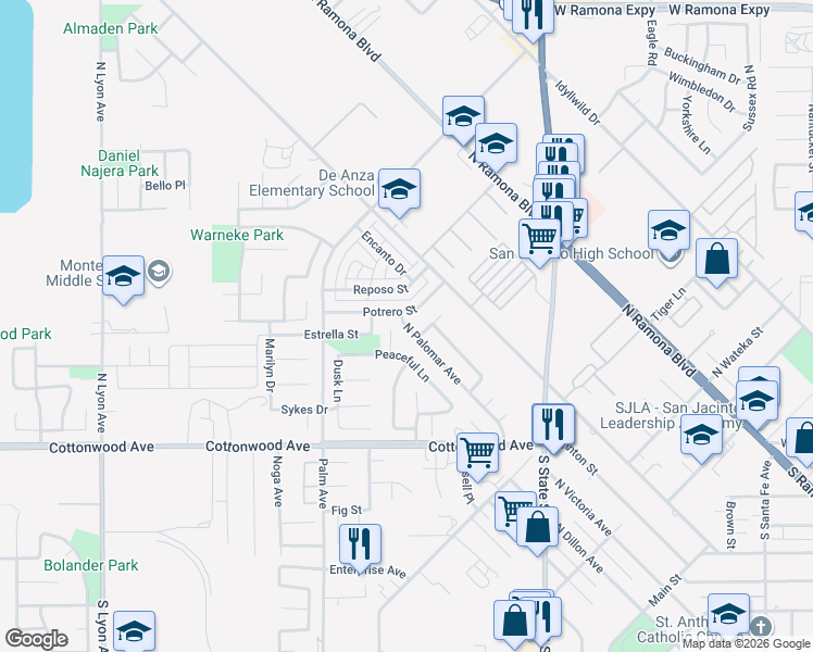 map of restaurants, bars, coffee shops, grocery stores, and more near 315 North Palomar Avenue in San Jacinto