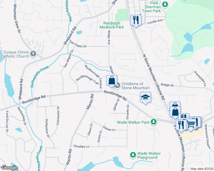 map of restaurants, bars, coffee shops, grocery stores, and more near 5294 Stonebush Terrace in Stone Mountain