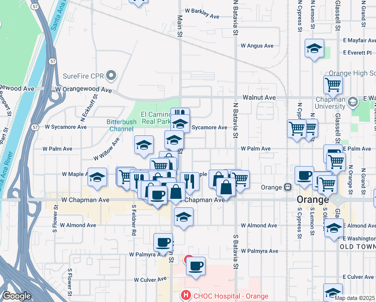 map of restaurants, bars, coffee shops, grocery stores, and more near 1230 West Palm Avenue in Orange