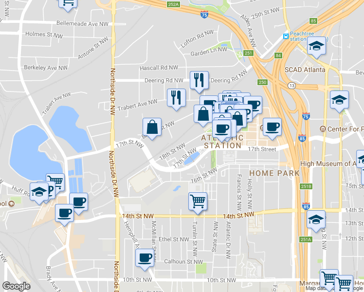 map of restaurants, bars, coffee shops, grocery stores, and more near 18th St NW in Atlanta