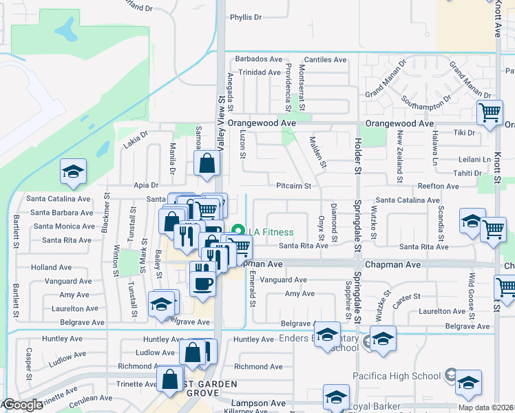 map of restaurants, bars, coffee shops, grocery stores, and more near 6131 Santa Catalina Avenue in Garden Grove