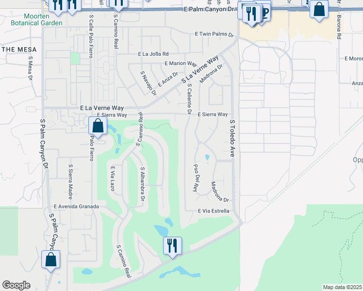 map of restaurants, bars, coffee shops, grocery stores, and more near 2231 South Caliente Drive in Palm Springs
