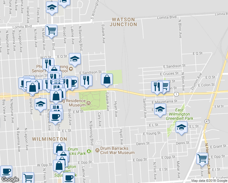 map of restaurants, bars, coffee shops, grocery stores, and more near 820 East N Street in Los Angeles