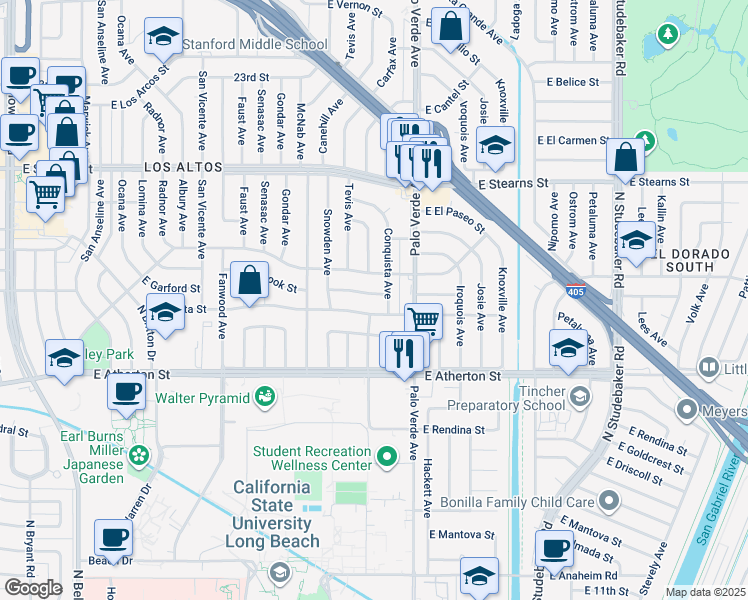 map of restaurants, bars, coffee shops, grocery stores, and more near 6280 East Los Santos Drive in Long Beach