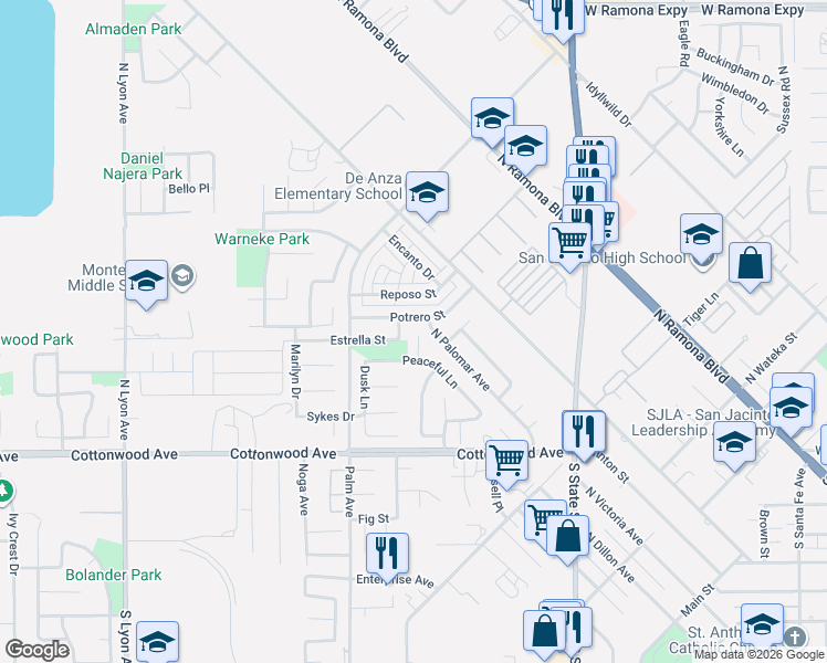 map of restaurants, bars, coffee shops, grocery stores, and more near 296 Quiet Court in San Jacinto