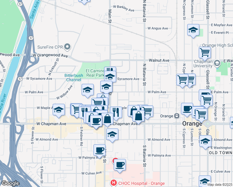map of restaurants, bars, coffee shops, grocery stores, and more near 1232 West Palm Avenue in Orange