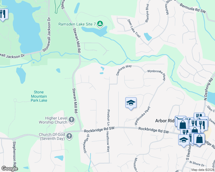 map of restaurants, bars, coffee shops, grocery stores, and more near 518 Pineburr Lane in Stone Mountain