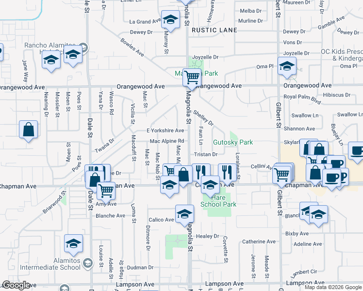 map of restaurants, bars, coffee shops, grocery stores, and more near 8921 Mac Alpine Road in Garden Grove