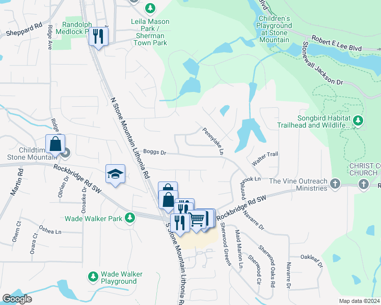 map of restaurants, bars, coffee shops, grocery stores, and more near 5586 Boggs Drive in Stone Mountain