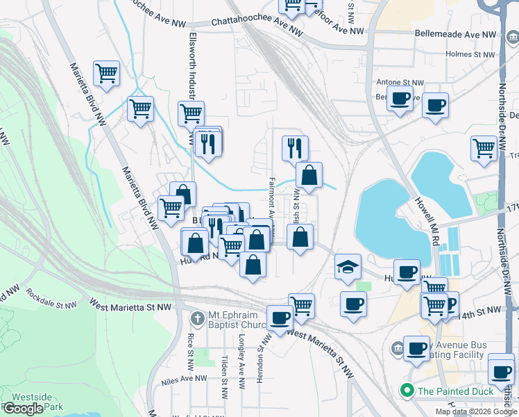map of restaurants, bars, coffee shops, grocery stores, and more near 1036 Culpepper Street Northwest in Atlanta