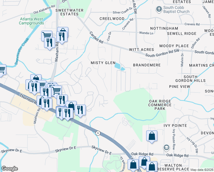 map of restaurants, bars, coffee shops, grocery stores, and more near 6634 Coventry Point in Austell