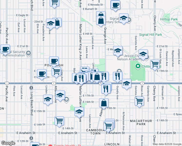 map of restaurants, bars, coffee shops, grocery stores, and more near 1079 East 19th Street in Long Beach
