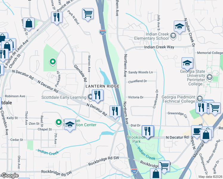 map of restaurants, bars, coffee shops, grocery stores, and more near 551 Lantern Wood Drive in Scottdale