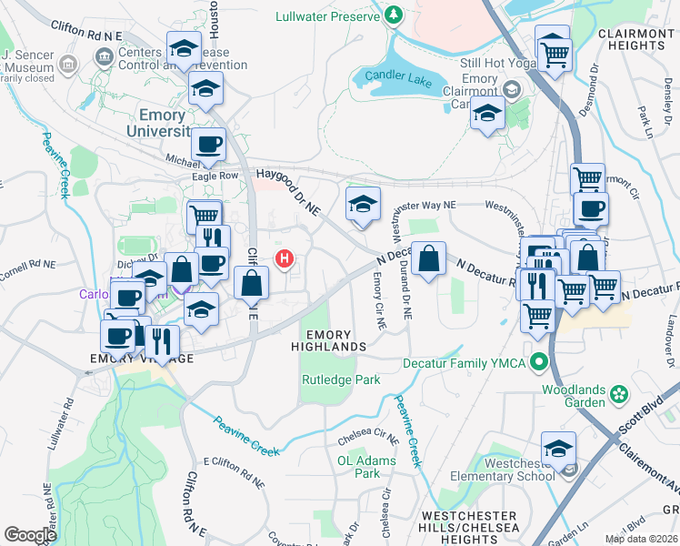 map of restaurants, bars, coffee shops, grocery stores, and more near 1949 Ridgewood Drive Northeast in Atlanta