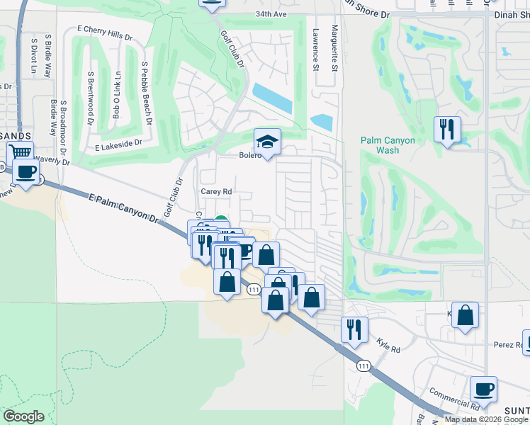 map of restaurants, bars, coffee shops, grocery stores, and more near 310 San Domingo Drive in Palm Springs
