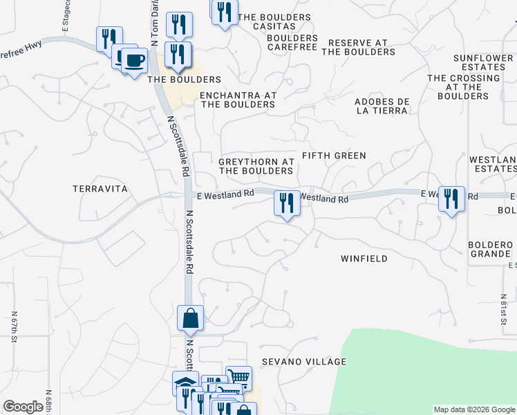 map of restaurants, bars, coffee shops, grocery stores, and more near 7379 East Evening Glow Drive in Scottsdale