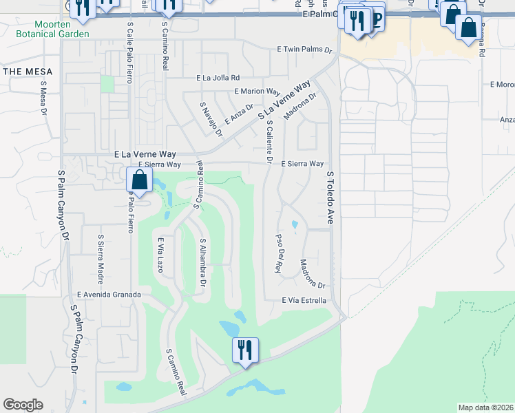map of restaurants, bars, coffee shops, grocery stores, and more near 2215 South Caliente Drive in Palm Springs