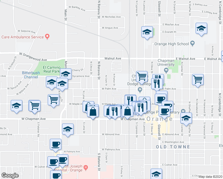 map of restaurants, bars, coffee shops, grocery stores, and more near 324 North Parker Street in Orange