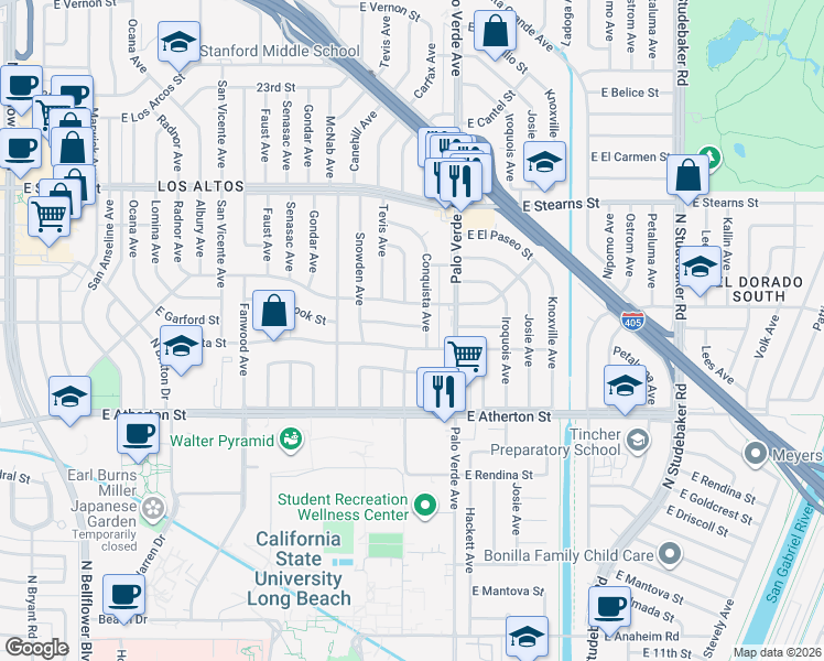 map of restaurants, bars, coffee shops, grocery stores, and more near 6280 East Los Santos Drive in Long Beach