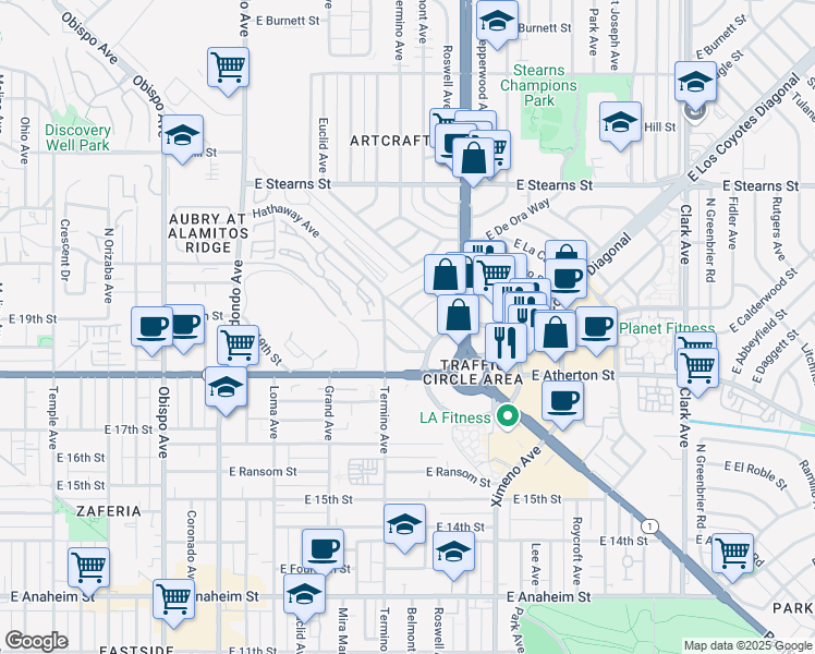 map of restaurants, bars, coffee shops, grocery stores, and more near 4134 East Jacinto Way in Long Beach