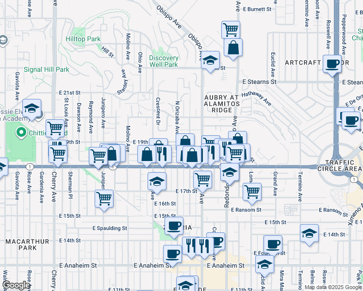 map of restaurants, bars, coffee shops, grocery stores, and more near 1918 Orizaba Avenue in Signal Hill