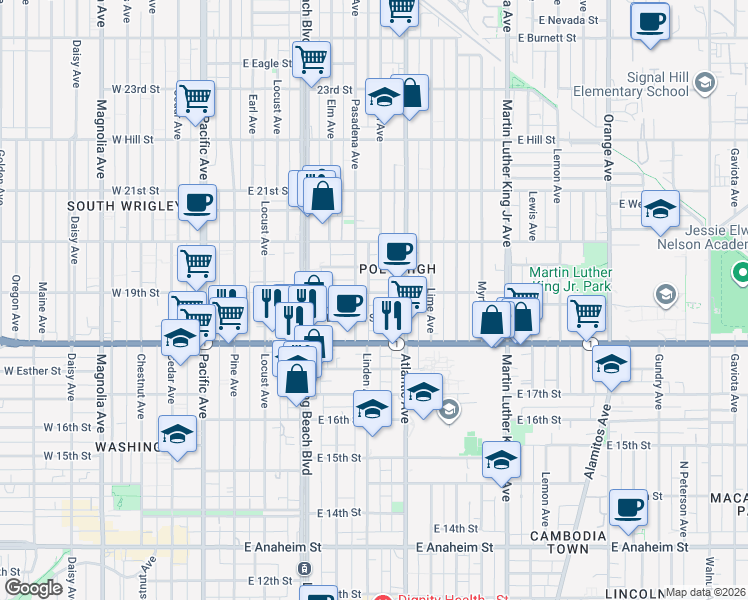 map of restaurants, bars, coffee shops, grocery stores, and more near 525 East 19th Street in Long Beach