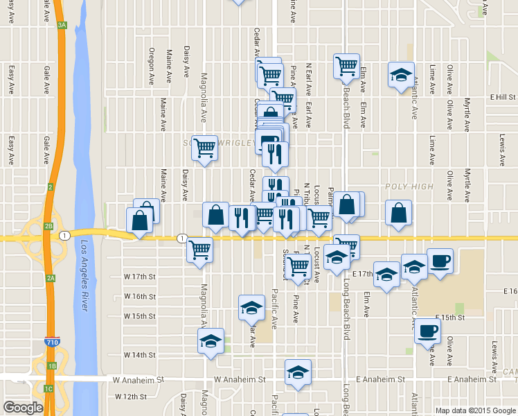 map of restaurants, bars, coffee shops, grocery stores, and more near 1915 Pacific Avenue in Long Beach
