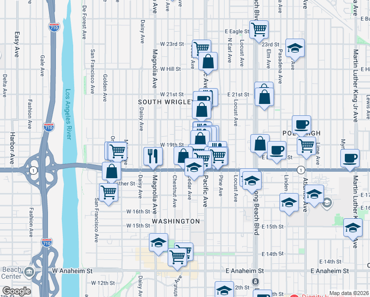 map of restaurants, bars, coffee shops, grocery stores, and more near 1911 Cedar Avenue in Long Beach