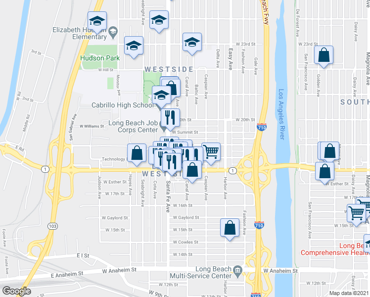 map of restaurants, bars, coffee shops, grocery stores, and more near 1559 West 19th Street in Long Beach