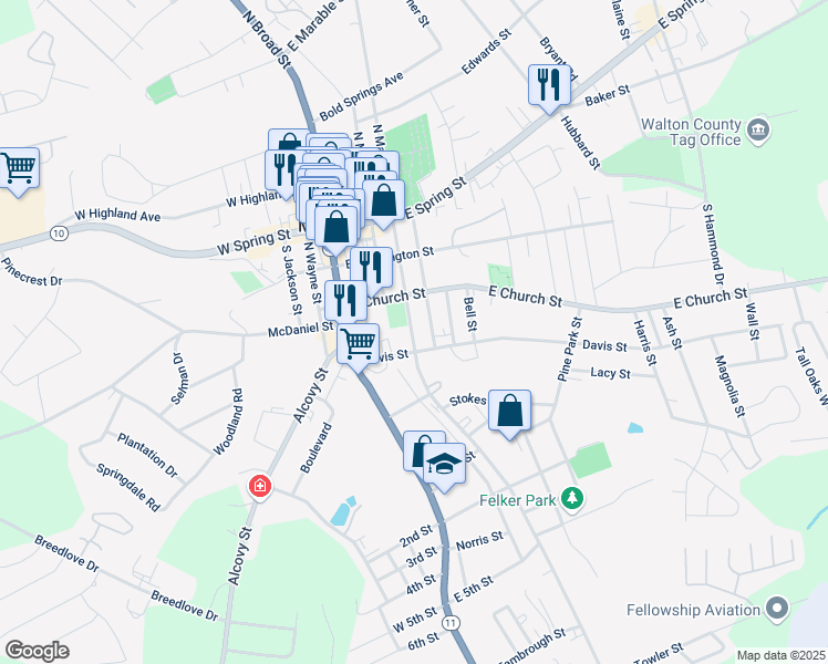 map of restaurants, bars, coffee shops, grocery stores, and more near 317 South Madison Avenue in Monroe