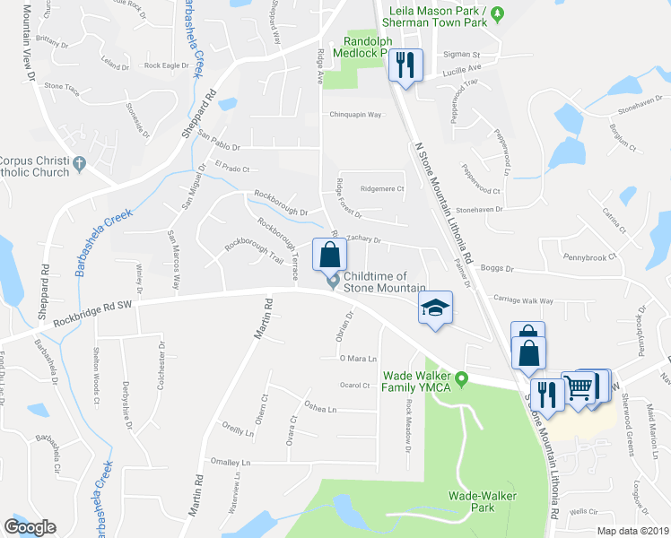 map of restaurants, bars, coffee shops, grocery stores, and more near 5294 Stonebush Terrace in Stone Mountain