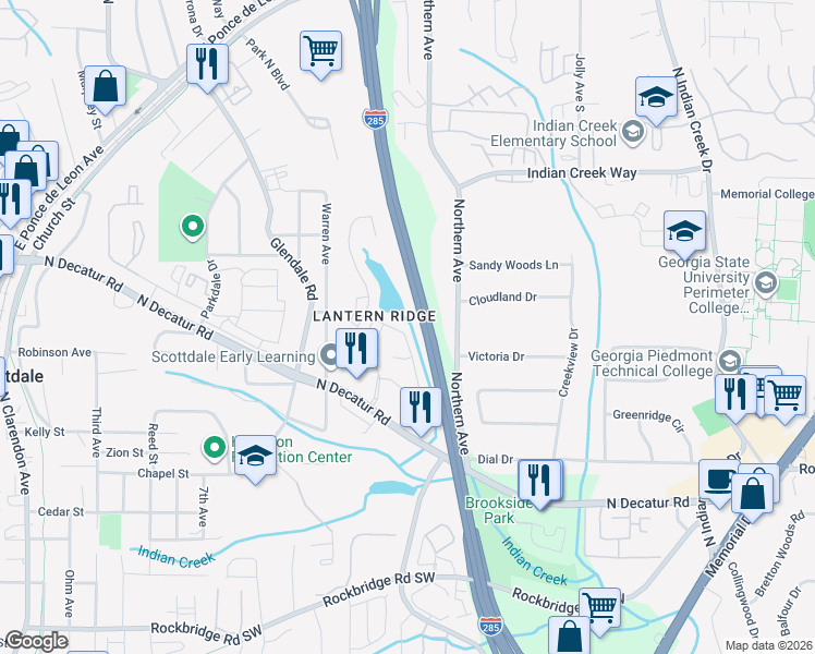 map of restaurants, bars, coffee shops, grocery stores, and more near 551 Lantern Wood Drive in Scottdale