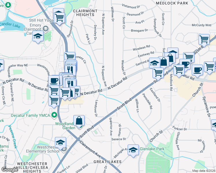 map of restaurants, bars, coffee shops, grocery stores, and more near 547 North Superior Avenue in Decatur