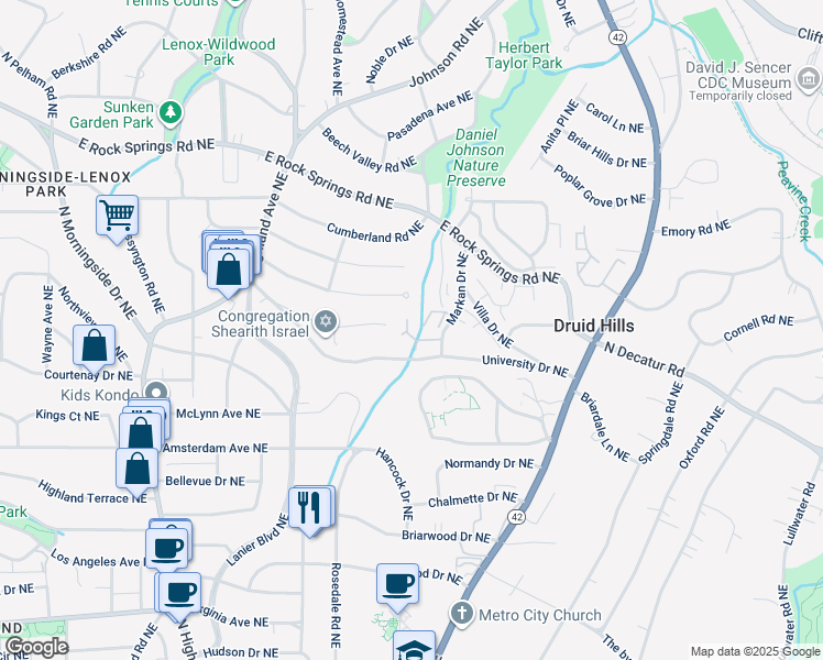 map of restaurants, bars, coffee shops, grocery stores, and more near 1068 Woodbridge Hollow Northeast in Atlanta