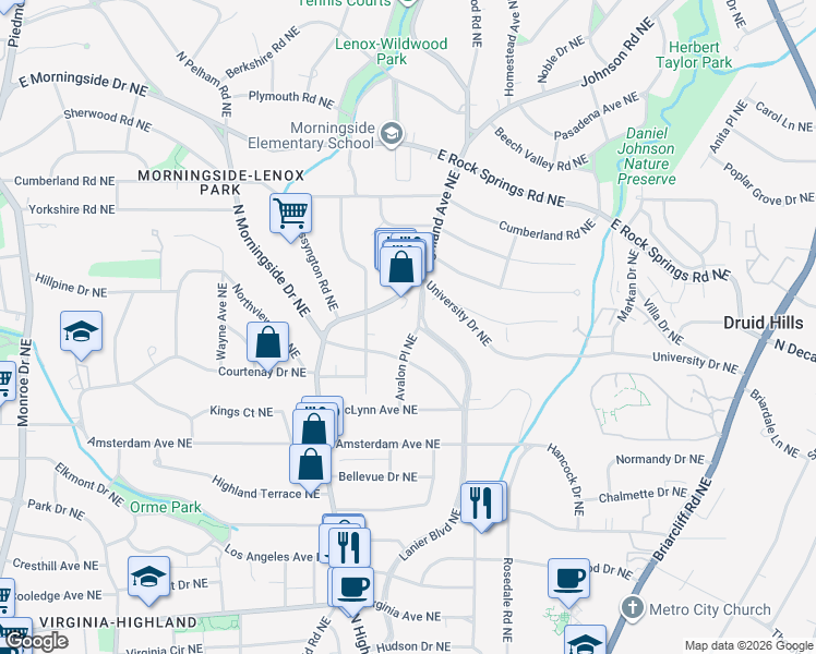 map of restaurants, bars, coffee shops, grocery stores, and more near 1385 North Highland Avenue Northeast in Atlanta