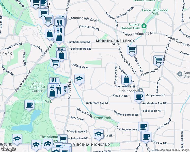 map of restaurants, bars, coffee shops, grocery stores, and more near 1349 Middlesex Avenue Northeast in Atlanta