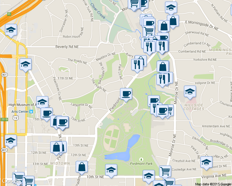 map of restaurants, bars, coffee shops, grocery stores, and more near 22 The Prado Northeast in Atlanta