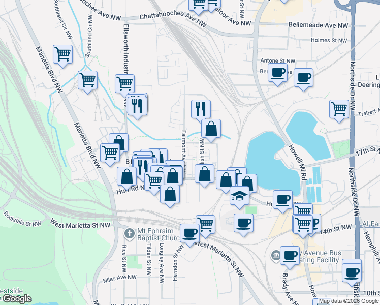 map of restaurants, bars, coffee shops, grocery stores, and more near 312 Culpepper Street Northwest in Atlanta