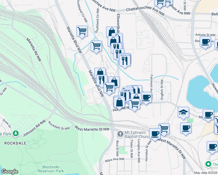 map of restaurants, bars, coffee shops, grocery stores, and more near 1230 Chareau Court Northwest in Atlanta
