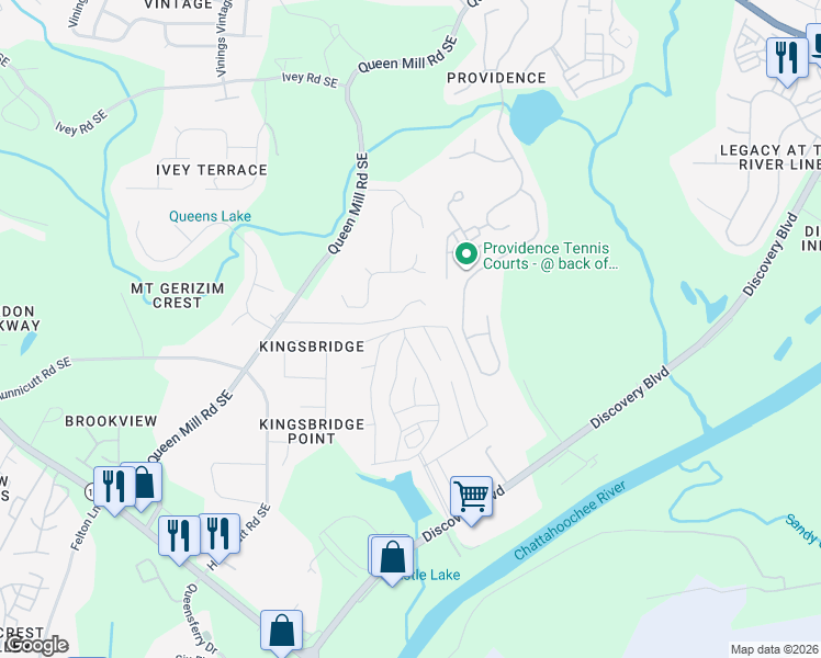 map of restaurants, bars, coffee shops, grocery stores, and more near 6625 Queen Mill Road Southeast in Mableton