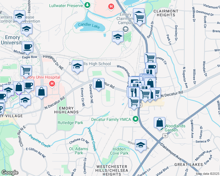 map of restaurants, bars, coffee shops, grocery stores, and more near 1981 North Decatur Road in Atlanta