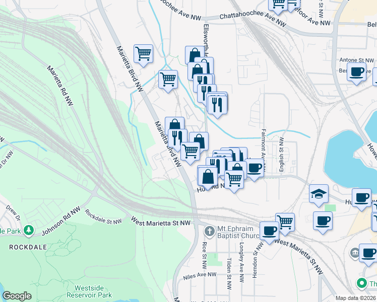 map of restaurants, bars, coffee shops, grocery stores, and more near 1269 Mackintosh Park Northwest in Atlanta