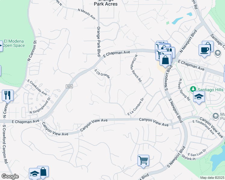 map of restaurants, bars, coffee shops, grocery stores, and more near 227 South Cll Grande in Orange