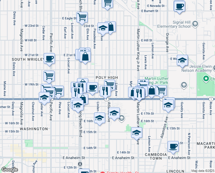 map of restaurants, bars, coffee shops, grocery stores, and more near 1883 Atlantic Avenue in Long Beach