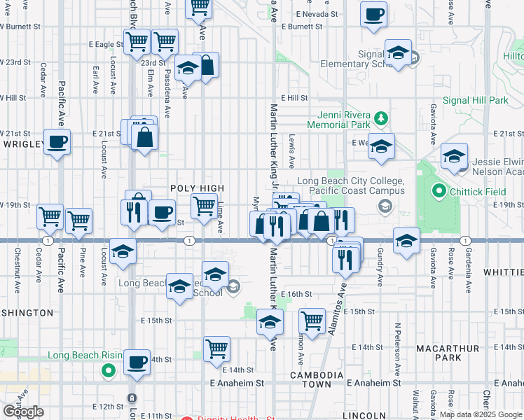 map of restaurants, bars, coffee shops, grocery stores, and more near 910 East 19th Street in Long Beach