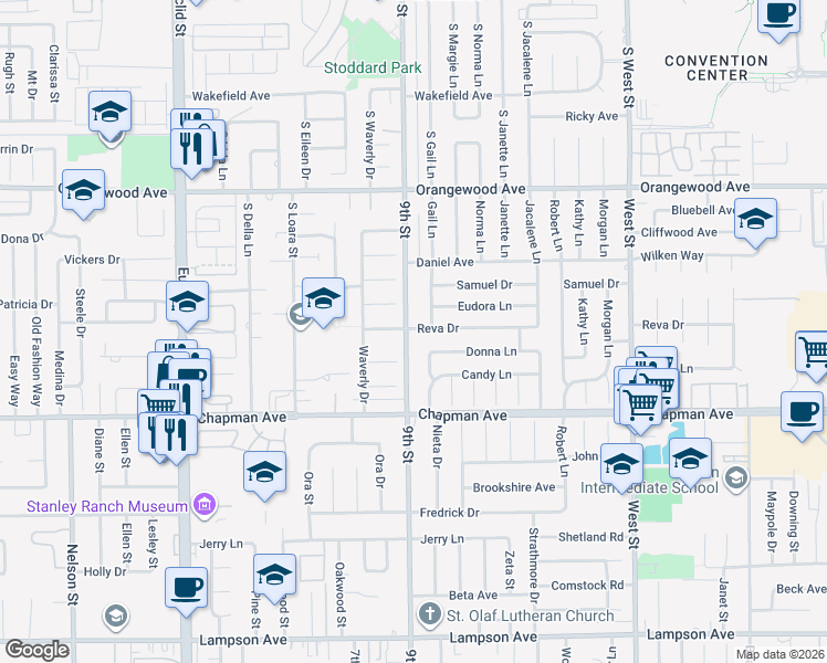 map of restaurants, bars, coffee shops, grocery stores, and more near 11432 Reva Drive in Garden Grove