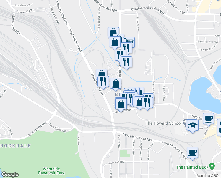 map of restaurants, bars, coffee shops, grocery stores, and more near 1230 Chareau Court Northwest in Atlanta