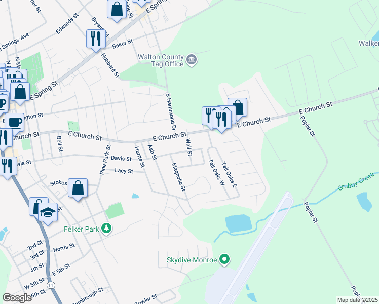 map of restaurants, bars, coffee shops, grocery stores, and more near 412 Wall Street in Monroe